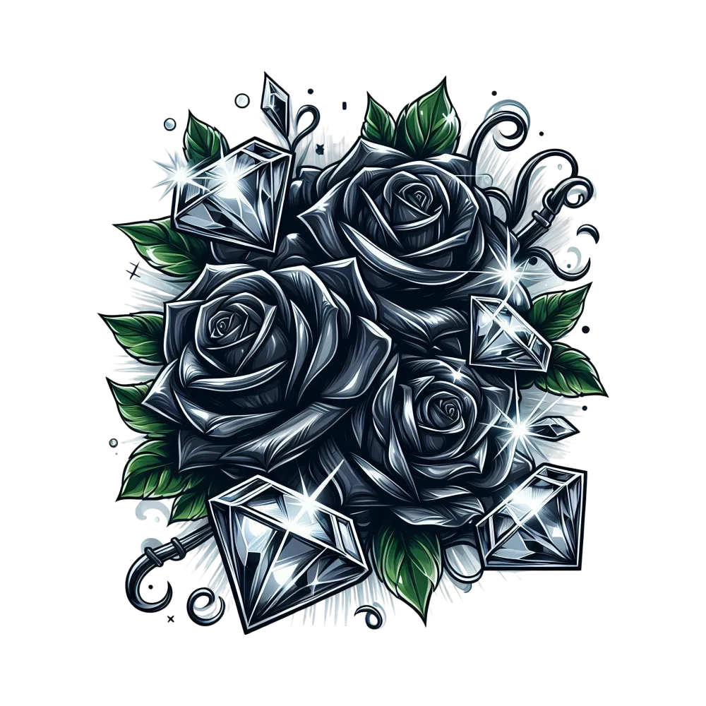 Dark Gray Roses with Sparkling Diamonds and Green Leaves