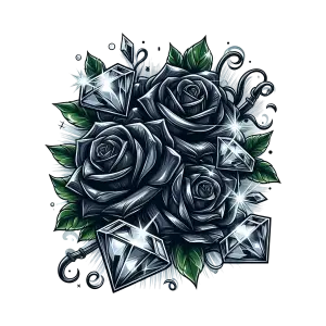 Dark Gray Roses with Sparkling Diamonds and Green Leaves