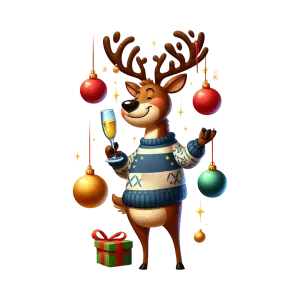 Festive Reindeer in Sweater with Christmas Ornaments and Gift