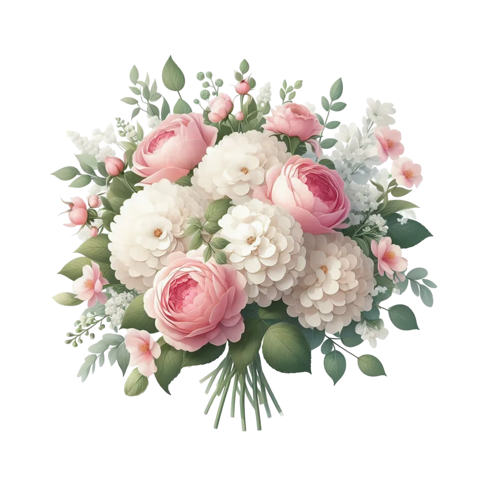 Bouquet of Pink Roses and White Hydrangeas with Green Leaves