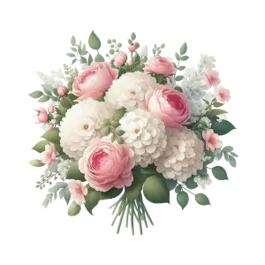Bouquet of Pink Roses and White Hydrangeas with Green Leaves