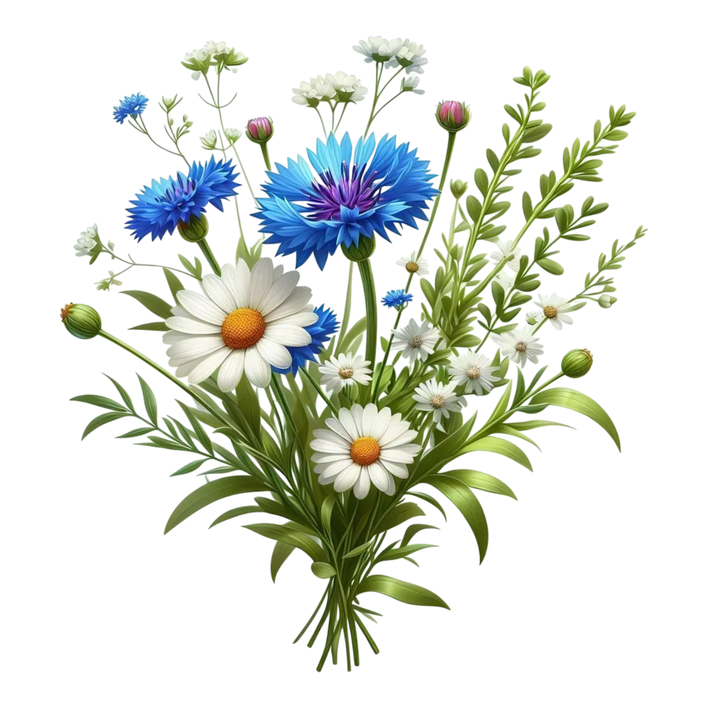 Wildflower Bouquet with Blue Cornflowers and White Daisies