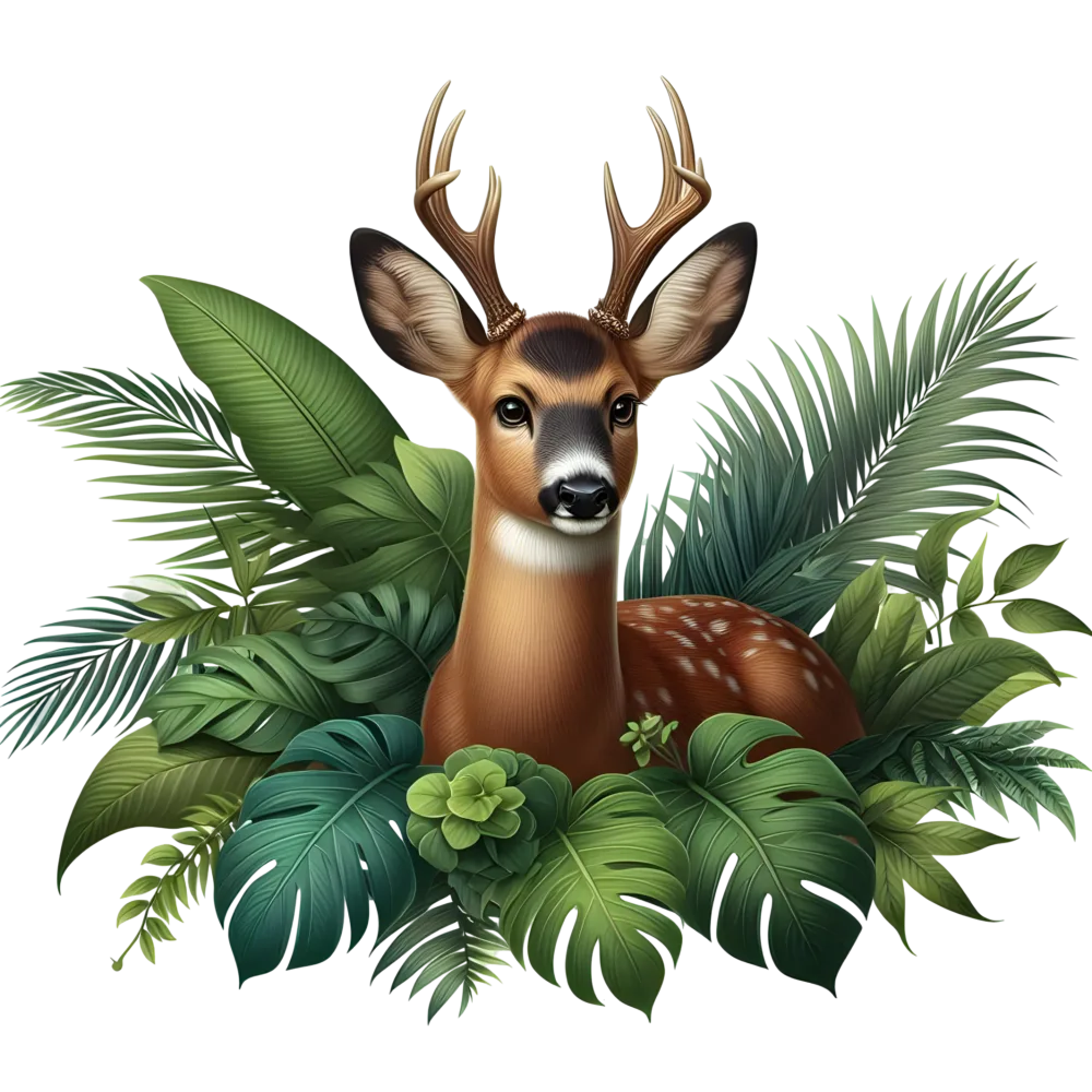 Deer with Antlers Among Tropical Green Leaves