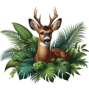 Deer with Antlers Among Tropical Green Leaves