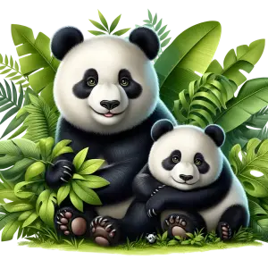 Cute Panda Bear Family with Tropical Leaves