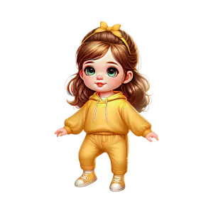 Cute Girl Cartoon Character in Yellow Hoodie and Sneakers