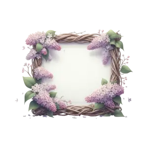 Floral Wicker Frame with Lilac Flowers and Green Leaves