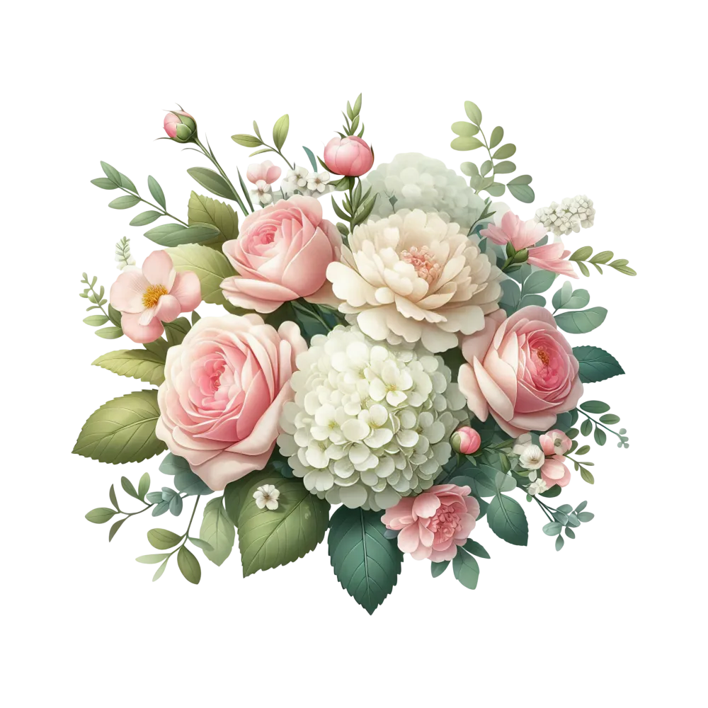 Bouquet of Pink Roses and White Hydrangeas with Green Leaves