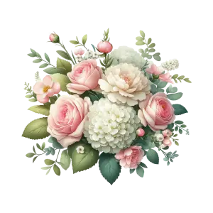 Bouquet of Pink Roses and White Hydrangeas with Green Leaves