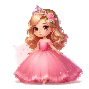 Cute Little Princess in Pink Dress with Tiara and Flowers