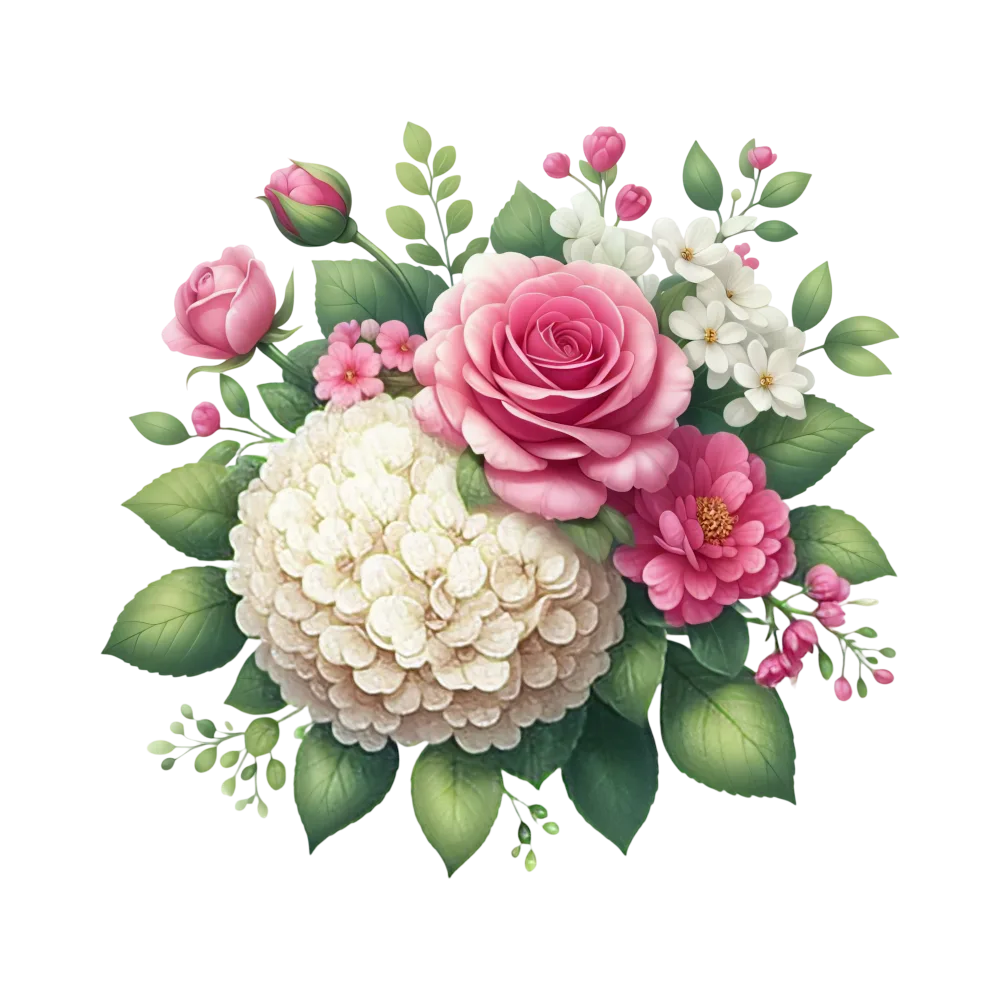 Pink and White Floral Bouquet with Roses and Hydrangeas