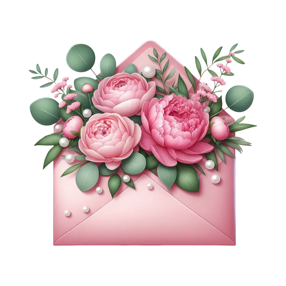 Pink Envelope with Floral Arrangement and Pearls