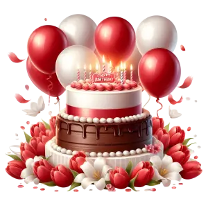 Three-Tier Birthday Cake with Red and White Balloons and Flowers