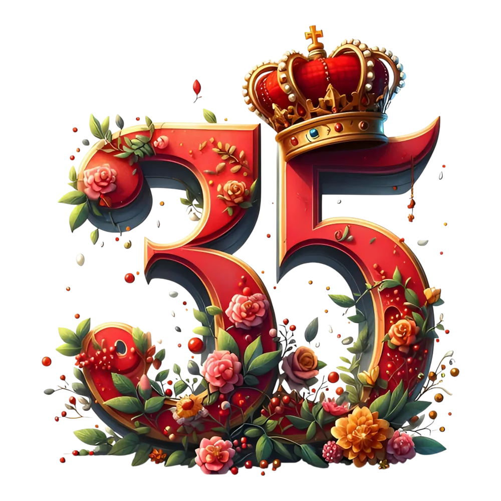 Decorative Number 35 with Crown and Floral Elements