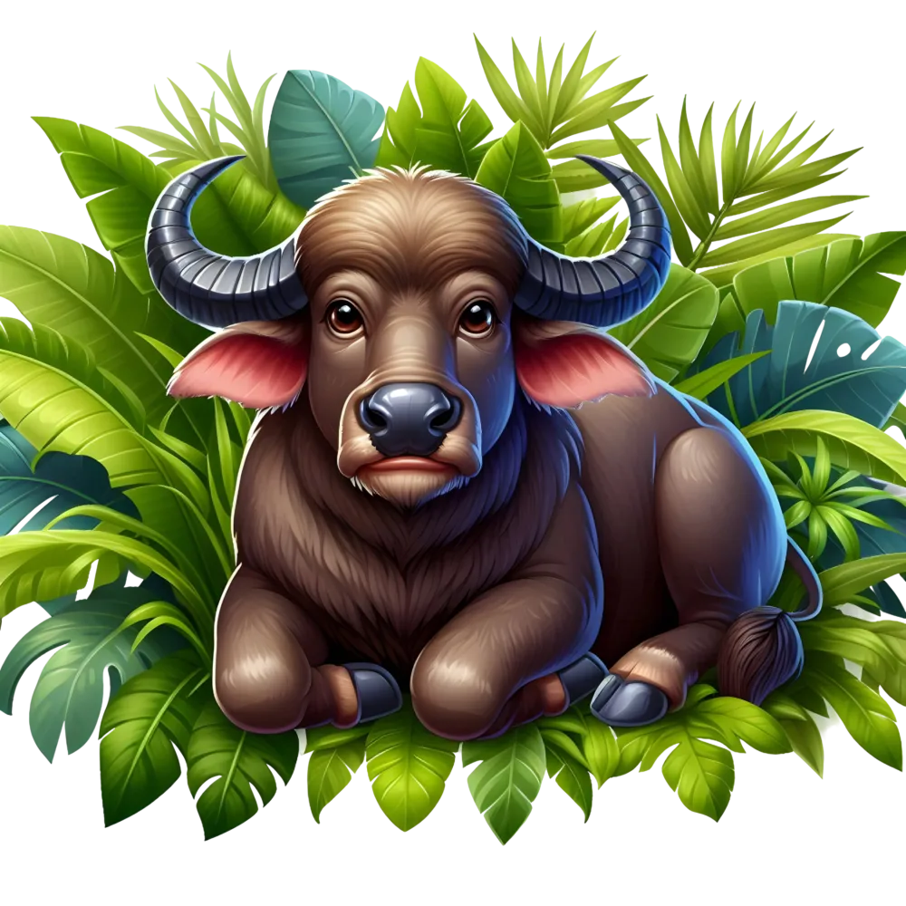 Cute Cartoon Buffalo Lying Among Tropical Leaves