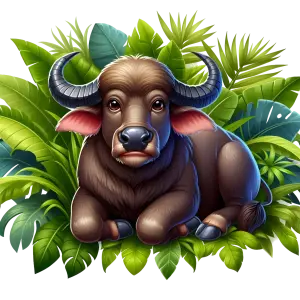 Cute Cartoon Buffalo Lying Among Tropical Leaves