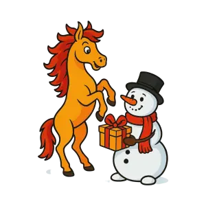 Cartoon Snowman Giving Present to Happy Horse