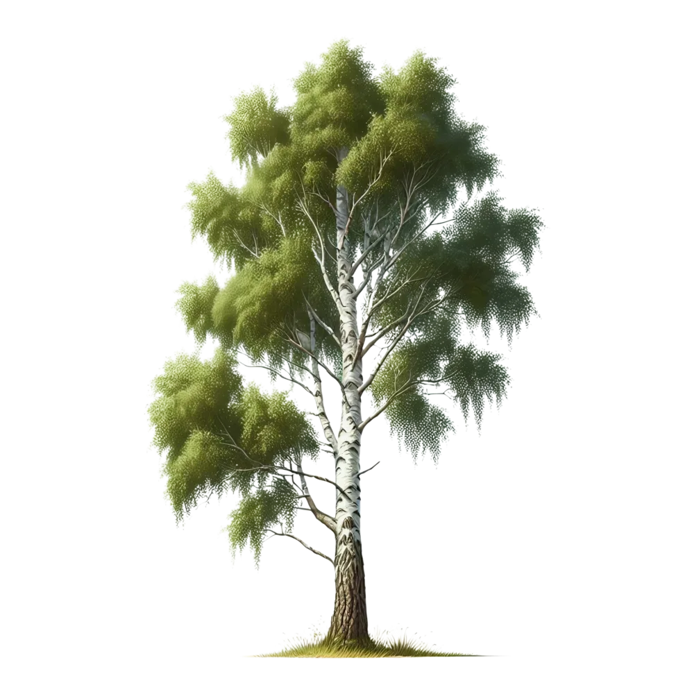 Realistic Birch Tree with Green Leaves on Transparent Background
