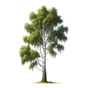 Realistic Birch Tree with Green Leaves on Transparent Background
