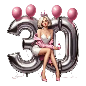 Stylish Woman Celebrating 30th Birthday with Balloons
