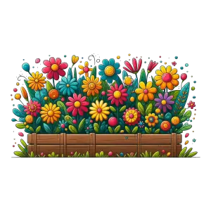 Colorful Cartoon Flowers in Wooden Planter Box