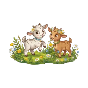 Cute Cartoon Kids of Goats Playing in Flower Meadow