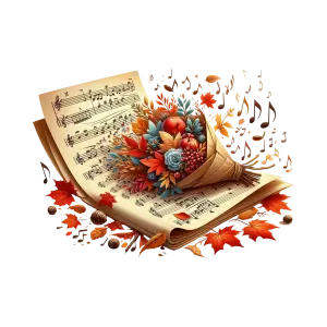 Autumn Floral Bouquet on Open Sheet Music with Floating Notes