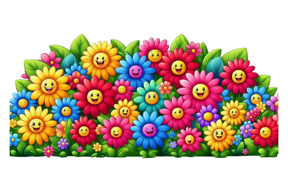 Colorful Happy Cartoon Flowers with Smiling Faces