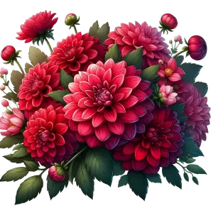 Vibrant Red and Pink Dahlia Flower Bouquet with Green Leaves