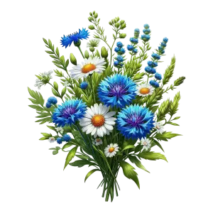 Colorful Wildflower Bouquet with Blue Cornflowers and White Daisies