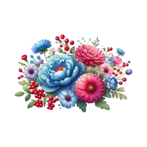 Colorful Floral Bouquet with Blue and Pink Flowers and Red Berries
