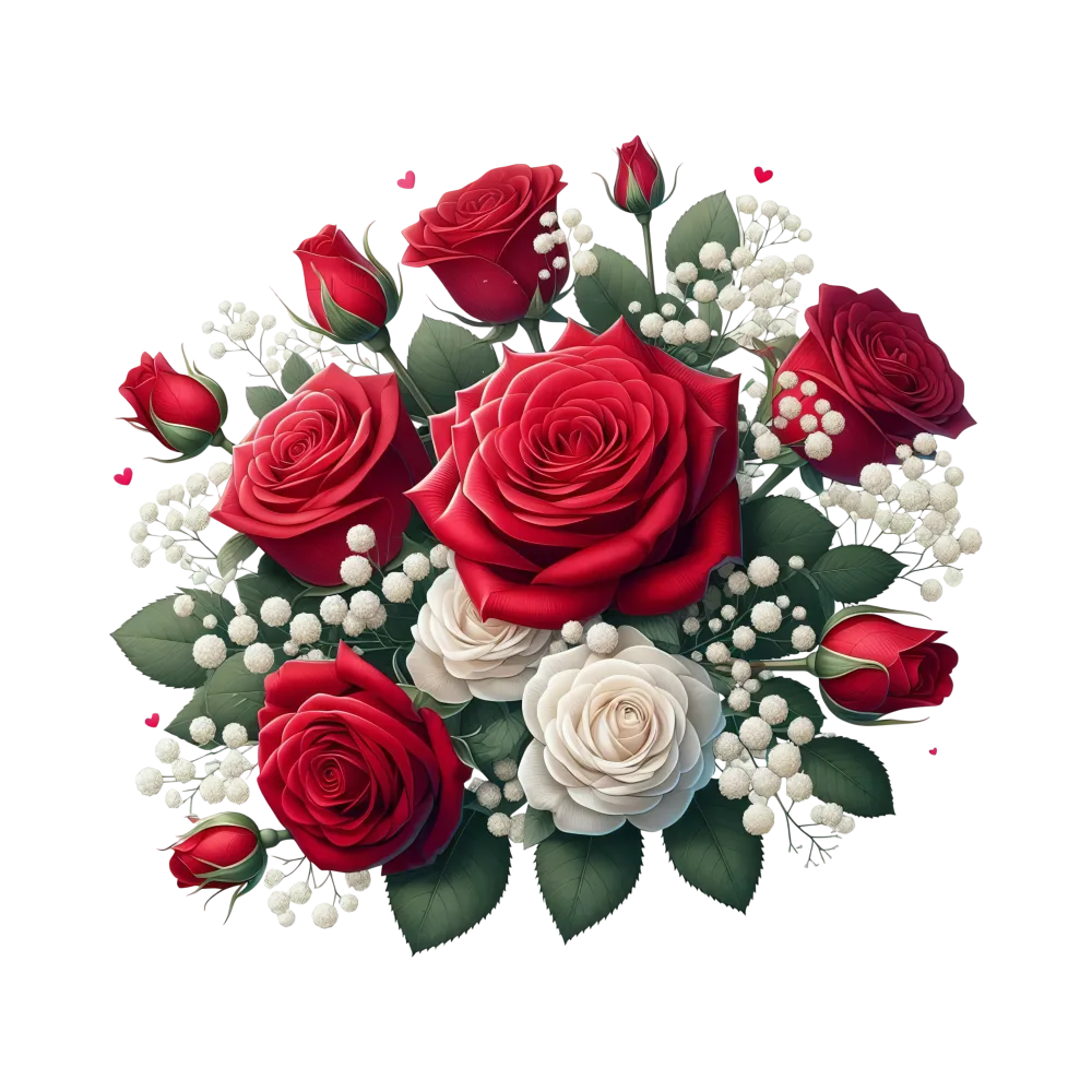Bouquet of Red and White Roses with Green Leaves and Baby's Breath
