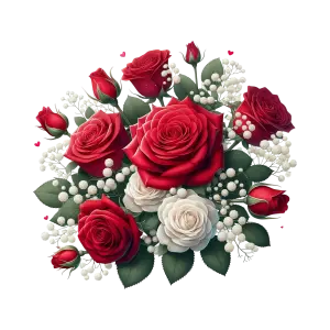 Bouquet of Red and White Roses with Green Leaves and Baby's Breath