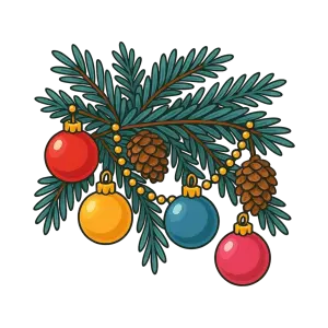 Christmas Pine Branch with Ornaments and Pine Cones
