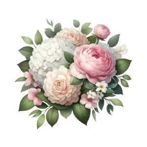 Bouquet of Pink and White Flowers with Green Leaves