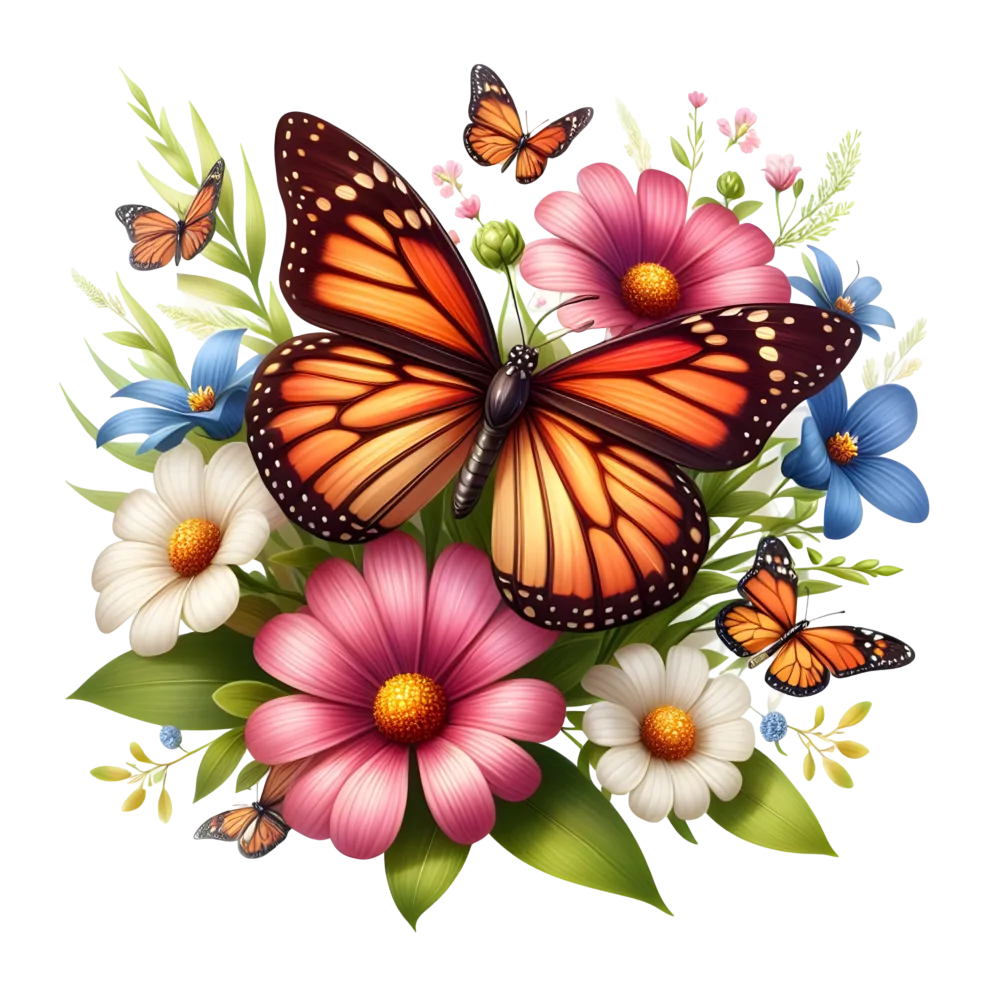 Monarch Butterflies and Mixed Flowers Bouquet