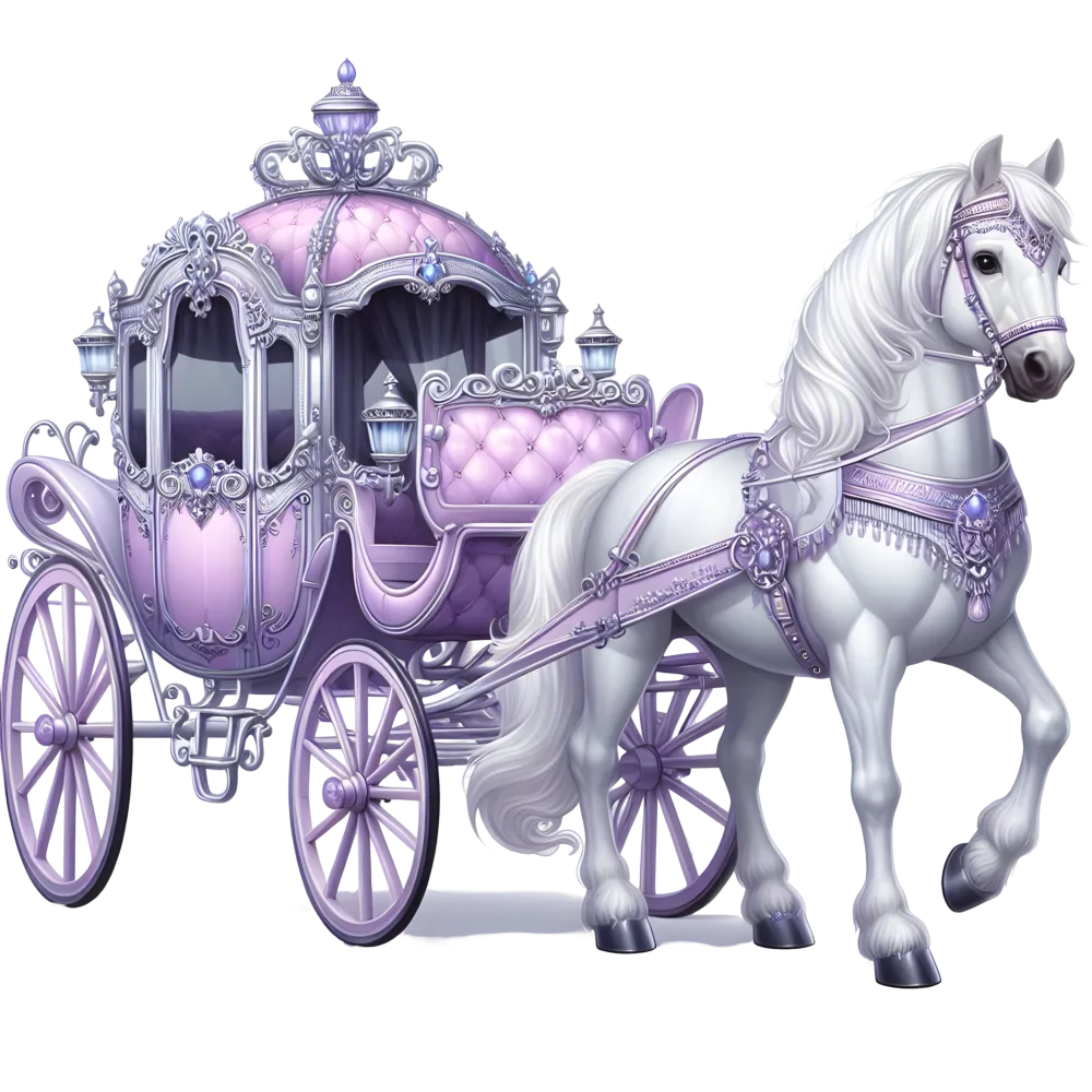 Elegant White Horse with Ornate Lavender Carriage