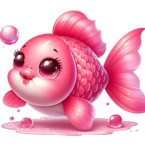 Cute Cartoon Pink Fish with Big Eyes and Bubbles