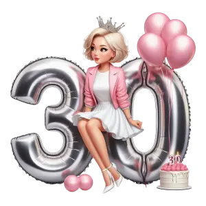30th Birthday Celebration with Woman, Balloons, and Cake