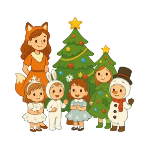 Children in Christmas and Animal Costumes with Decorated Christmas Trees
