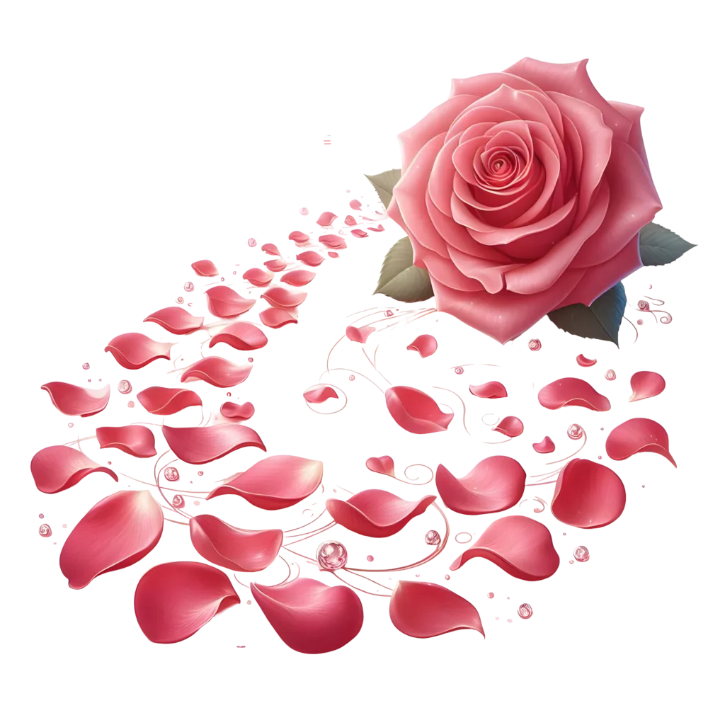 Pink Rose with Scattered Petals on Transparent Background