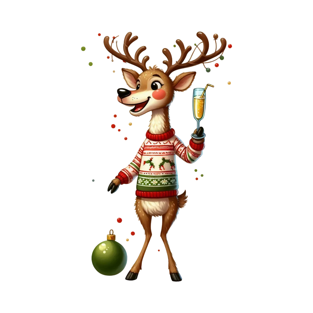 Festive Reindeer Wearing Christmas Sweater Holding Drink