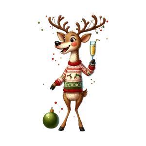 Festive Reindeer Wearing Christmas Sweater Holding Drink