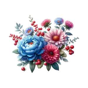 Colorful Bouquet of Blue, Pink, and Red Flowers with Green Leaves