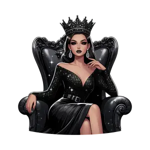 Elegant Woman in Black Dress and Crown Sitting on Throne