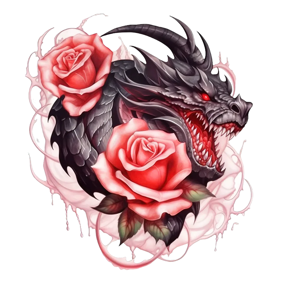 Dark Dragon Head with Red Roses and Thorns Illustration