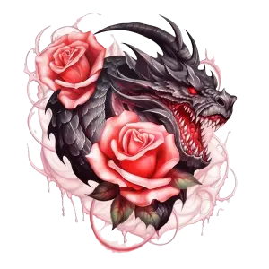 Dark Dragon Head with Red Roses and Thorns Illustration