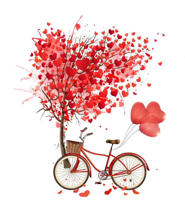 Red Heart-Shaped Balloon Tree with Vintage Bicycle