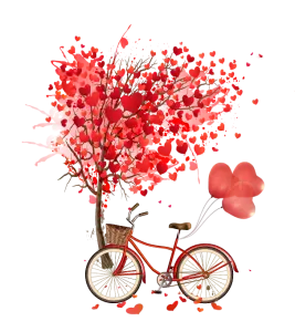 Red Heart-Shaped Balloon Tree with Vintage Bicycle