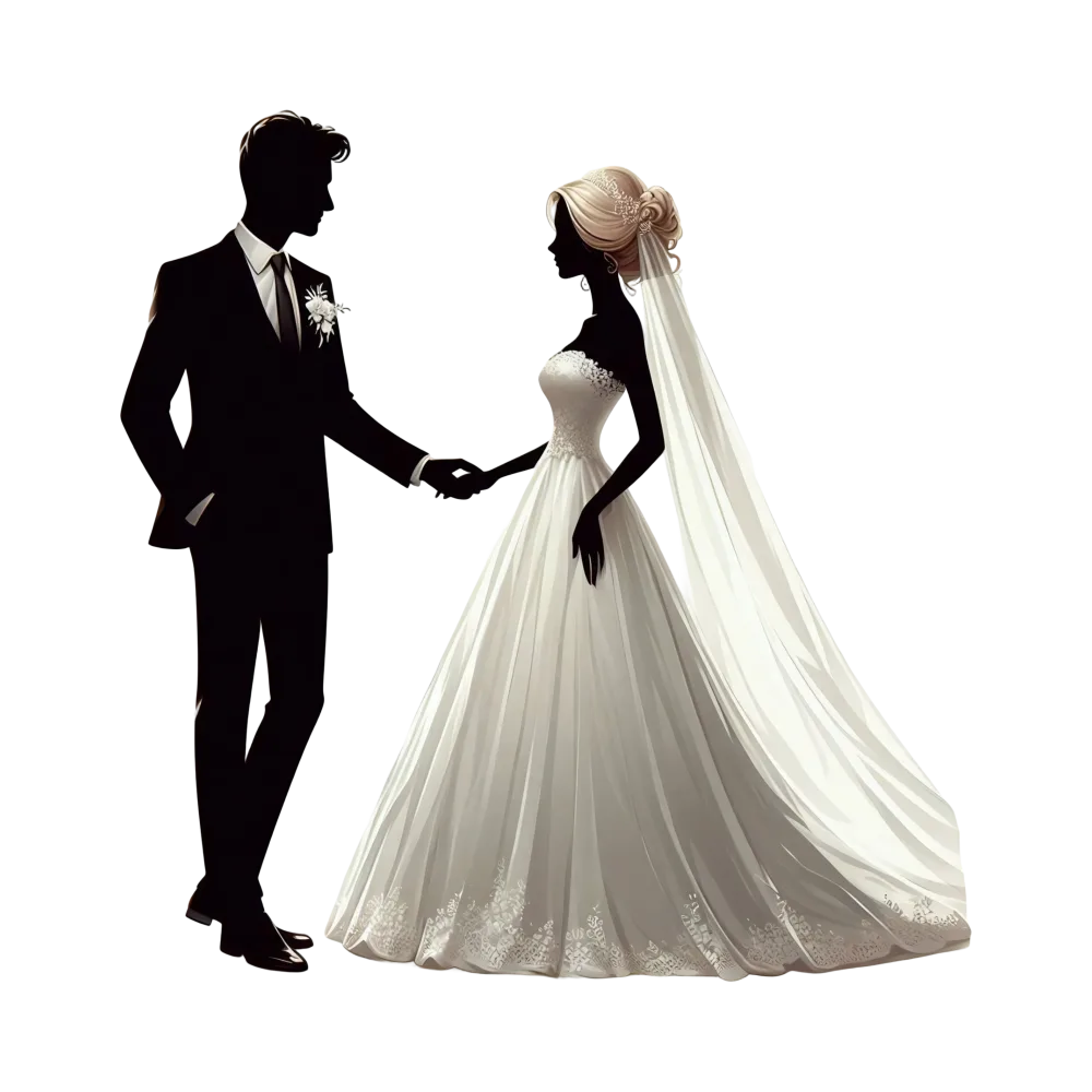 Silhouetted Bride and Groom Holding Hands Wedding Illustration